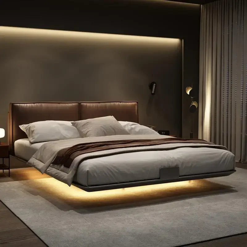 

Italian light luxury leather luxury master bedroom big bed modern simple tofu block suspension