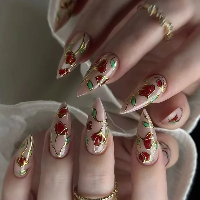 24Pcs Simple Flower Golden Bead Decor Stick on Nails Mid-length Reusable Almond Press on False Nails 3D Gilded Line Design Nail 5