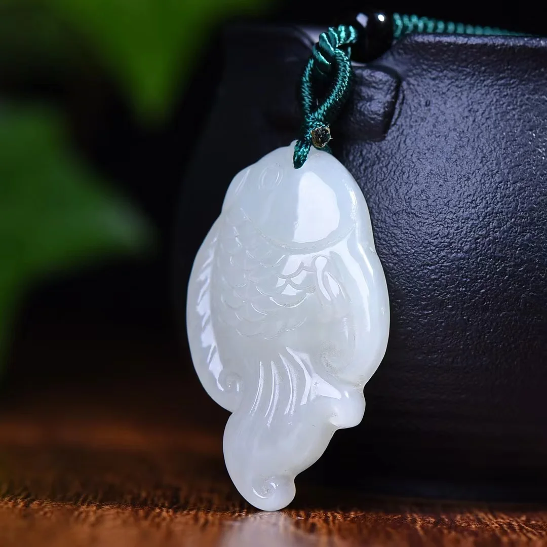 Exquisite Hetian Jade 22*39MM Auspicious Fish Pendant Jewelry 3218#