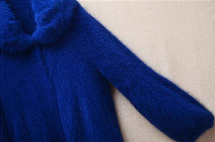 Female Women Fall Winter Clothing Blue Hairy Mink Cashmere Knitted Long Sleeves Turn-Down Neck Loose Cardigans Sweater Jacket