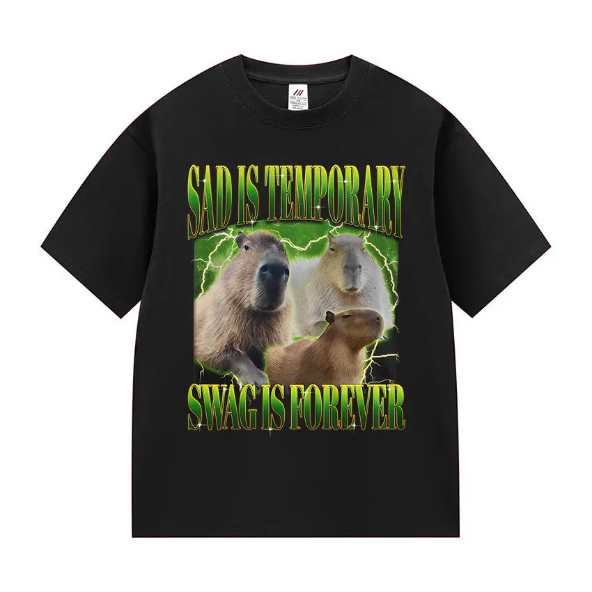 Sad Is Temporary Swag Is Forever Graphic T-Shirt Unisex Funny Capybara Short Sleeve T Shirt Casual Oversized Cotton Tops Tshirts