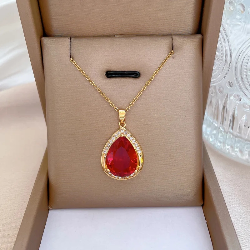 OIMG Stainless Steel 2022 New Red Big Gem Pendant Necklace For Women Clavicle Chain Elegant Charm Wedding Luxury Jewelry