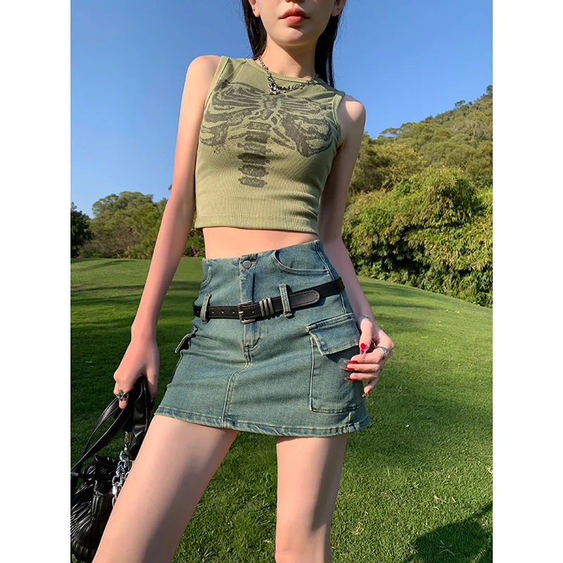 

Women Denim Skirt Slimming High Waist Denim Mini Skirt Vintage Work Style Frayed Hem Slim