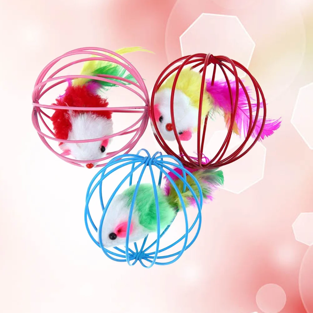 3Pcs Ball Shaped Cage with Prisoned Toy Mouse for Toy (Random Color) cats balls cage shaped balls