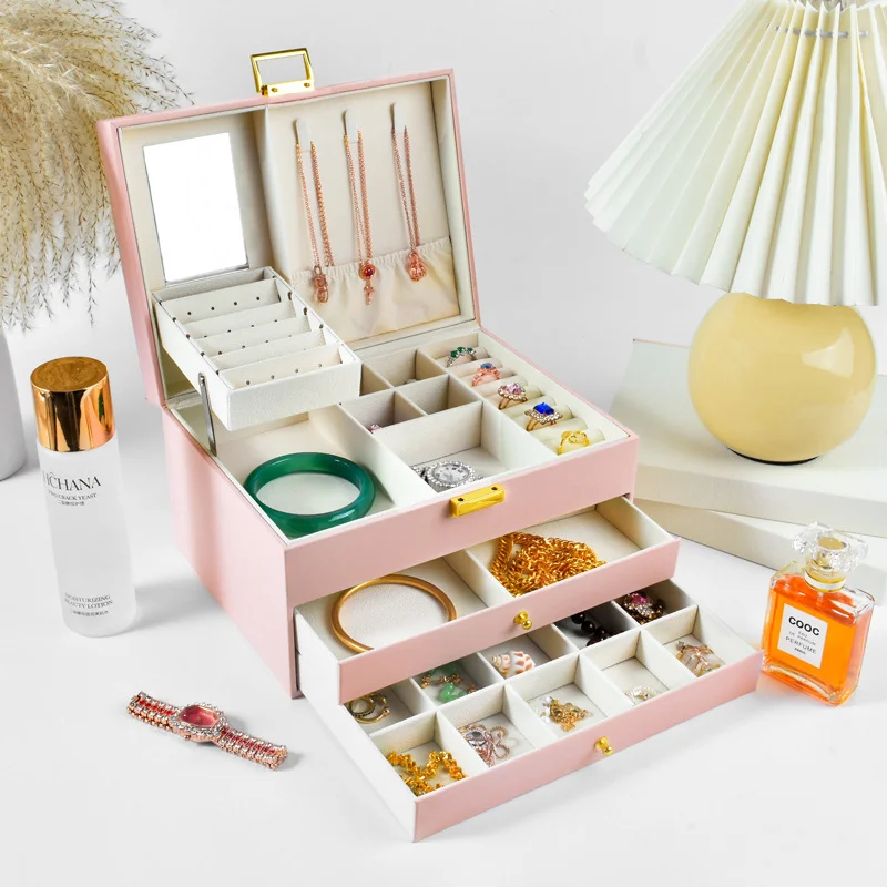 High-Quality PU Leather Three-layer  Drawer Type Dustproof Anti-oxidation Multi-functional Ring Earrings Necklace Storage Box
