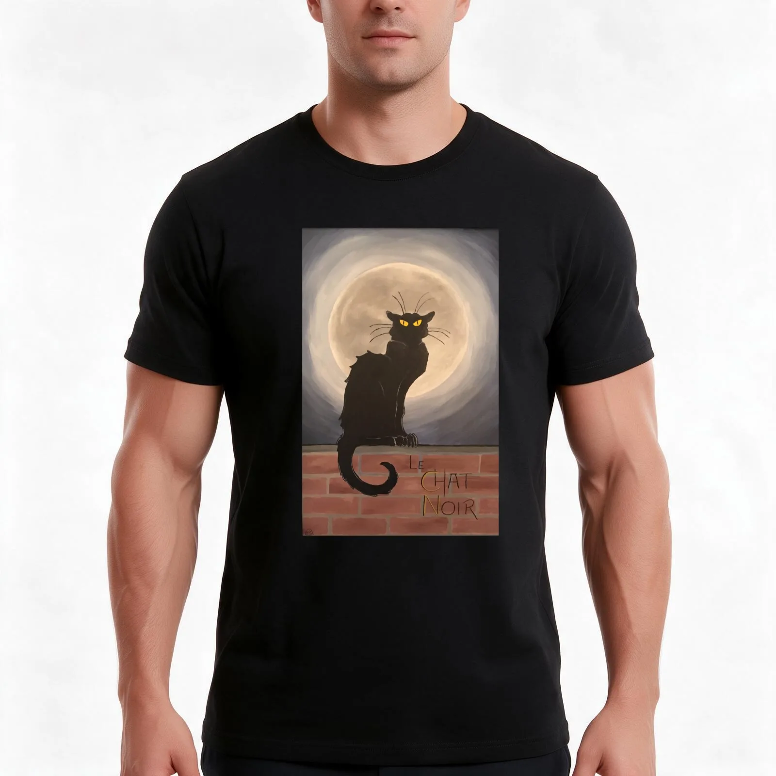 fierce black cat with full moon Le Chat Noir T-Shirt, Summer Casual Cotton Tee, Oversized Streetwear Tops, Vintage Graphic Print