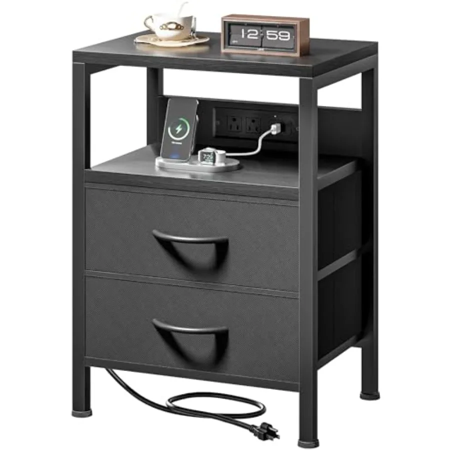 Mesa de Cabeceira com Carregador para Quarto - Mesa de Cabeceira Moderna com Estação de Carregamento, Prateleira Aberta e Tecido