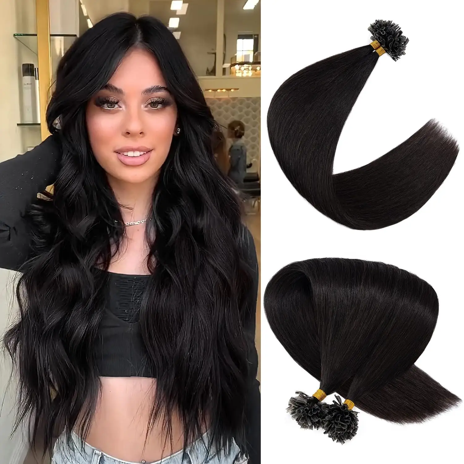 U Tip Hair Extensions - Real Human Hair Pre-Bonded Keratin Hot Fusion Extensions - Natural Black Remy Straight Silky Hair