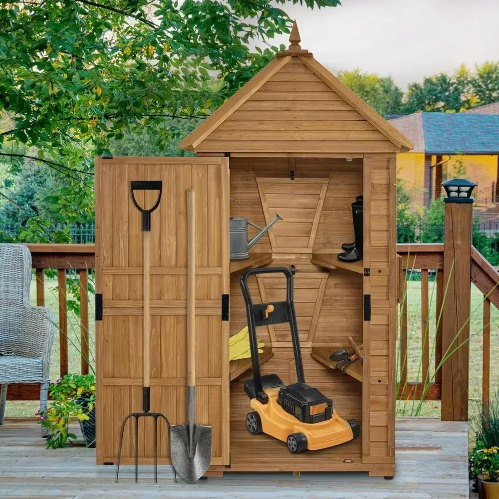Large Outdoor Storage Cabinet with 6 Shelves (2.9 x 2.9 x 8.1 t), Wood Storage Shed, Garden Shed with 2 oldable Tables or Patio