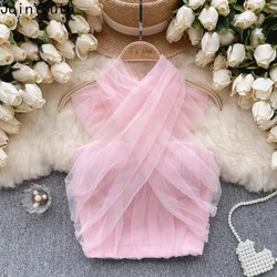 Sweet Y2k Tops 2024 Women Clothing Gauze Bandage Slim Fit Camis Sexy Korean Summer Vest Ropa Mujer Backless Folds Crop Tanks