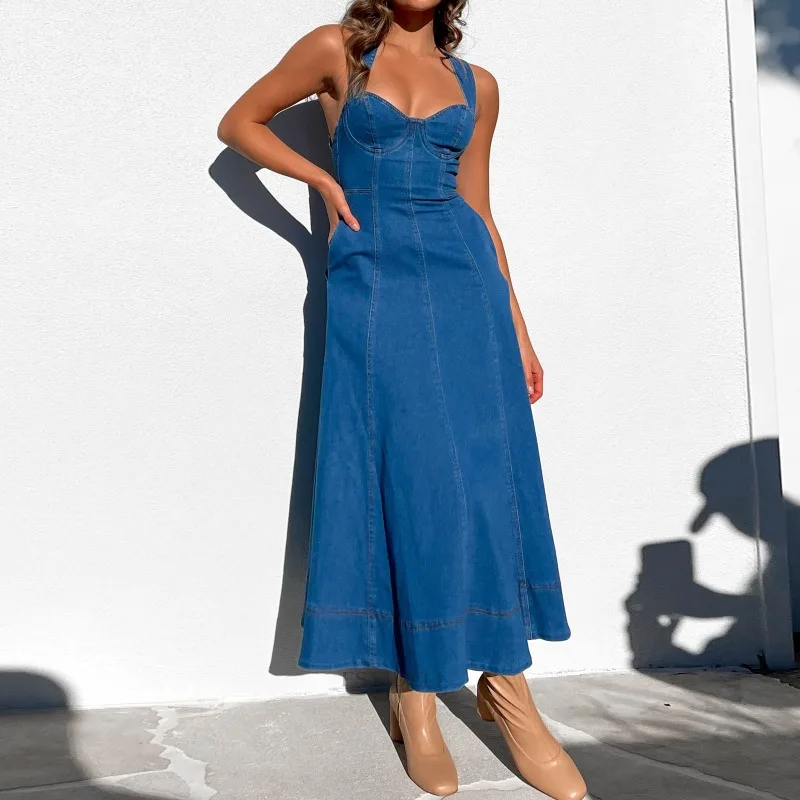 Suspender Dress for Summer New Backless Sexy Retro Denim Long Skirt