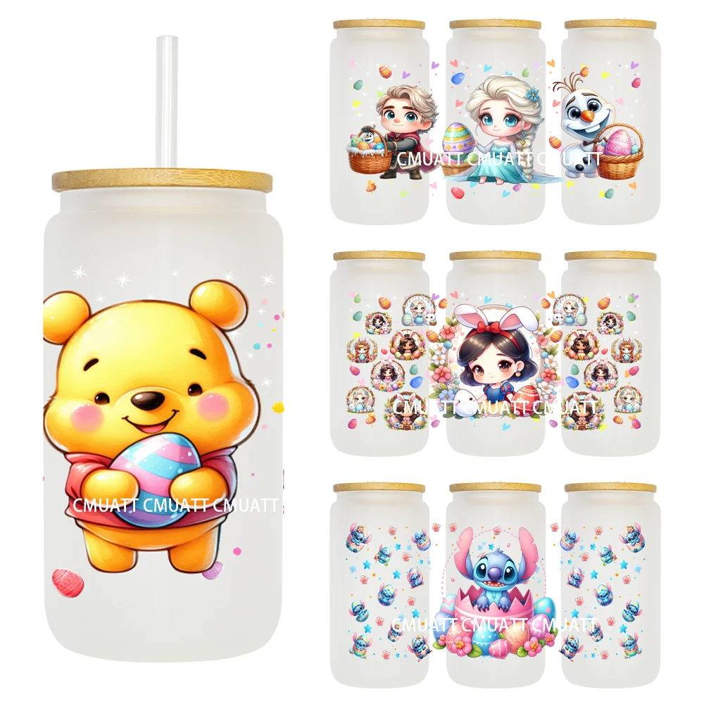 Lovely Cartoon Bear And Easter Bunny 16OZ UV DTF Cup Wrap Transfer Sticker Custom Label DIY Waterproof Logo For Libbey Glass Can