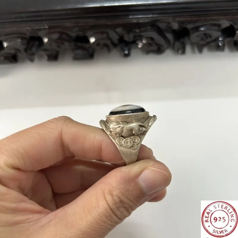 Men's Vintage Tibetan Silver Pixiu Heaven Eye Dzi Open Ring Thumb Ring, Ethnic Lucky Jewelry
