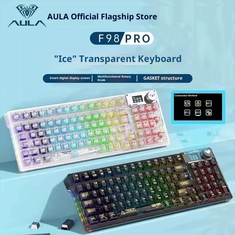 

AULA F98Pro Wireless Customizable Transparent Mechanical Keyboard Three-mode Screen Display Gasket Structure Hot-swappable RGB