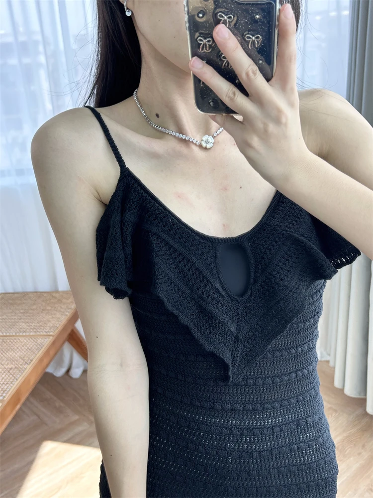 

Dresses for women elegan Classic black hollowed out ruffle collar slim knit fishtail with beautiful curves for camisole dress