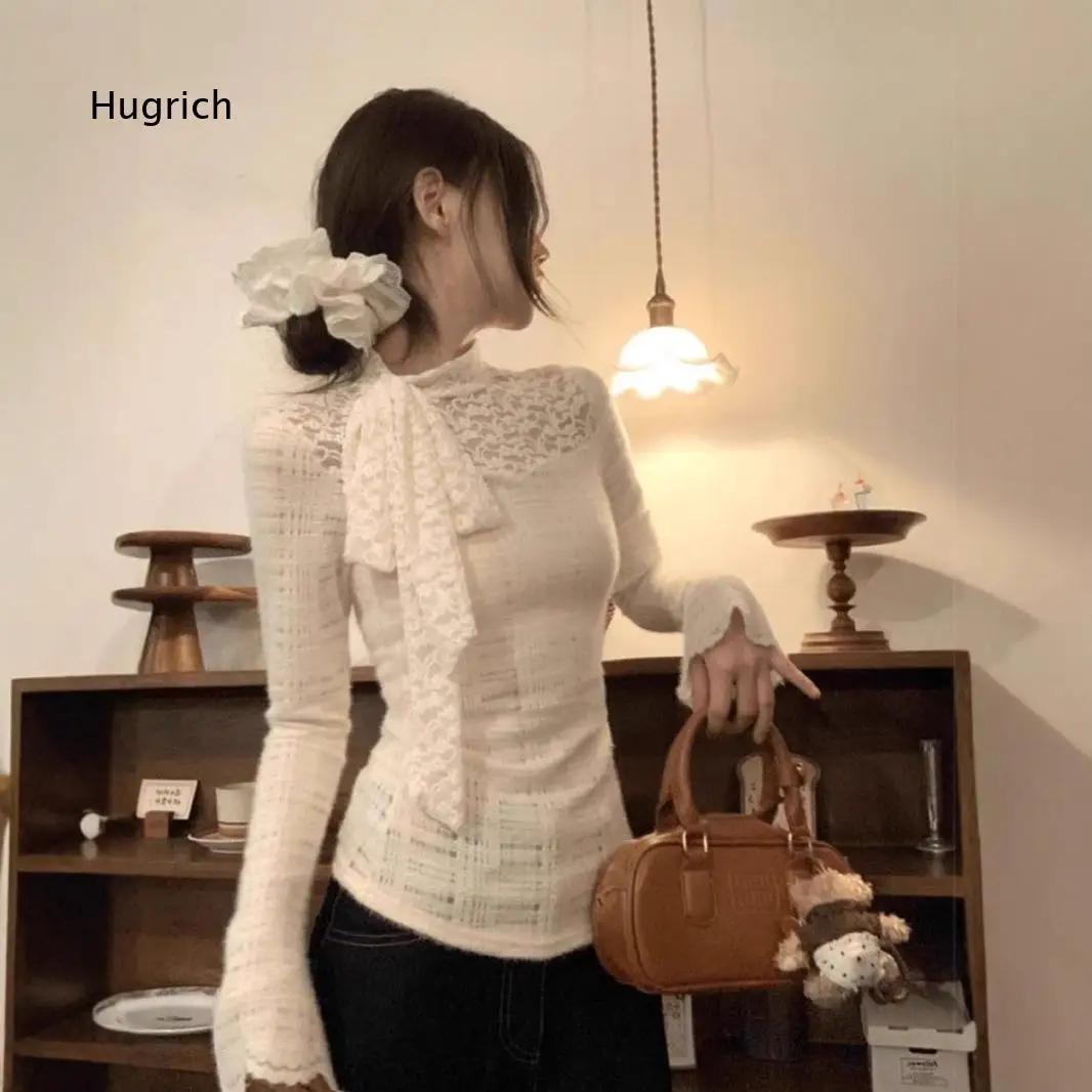 Daily Fashion Flare Long Sleeve Lace Top For Women Bow Tie Neck Slim Cut Solid Color Comfortable Soft Touch Fabric