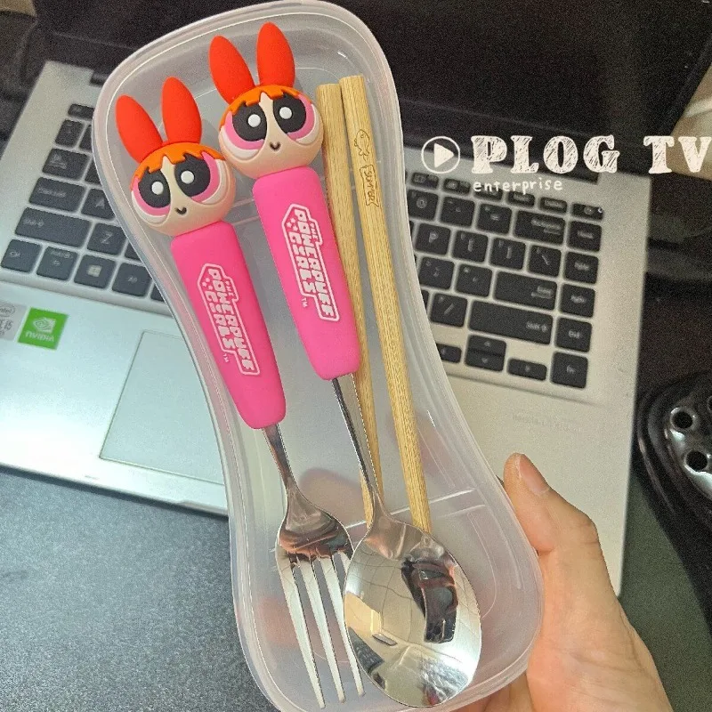 The Powerpuff Girls tableware cute chopstick set children's spoon fork home student stainless steel cartoon holiday gift kawaii