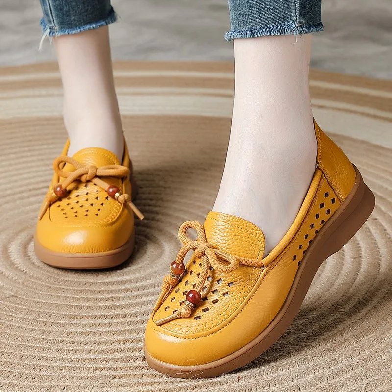 DIMANYU Women Genuine Leather Hollow Loafers Bow Slip On Women Wedge Shoes Cutout Platform Casual Walking Footwear