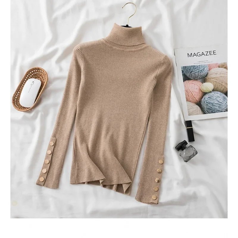 Turtleneck Sweater Women Knitted Pullover Slim Basic Soft Sweaters Autumn Winter Outfits Streetwear Chic Button Knitwear Jumper