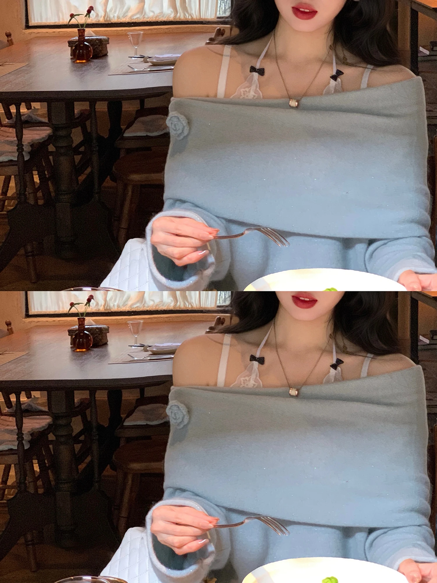 

Ele Tea Rose Vintage Knitted Sweater oulder Bared One-oulder Woolen Rabbit Fur Women's Faion Warm Winter Long Sve