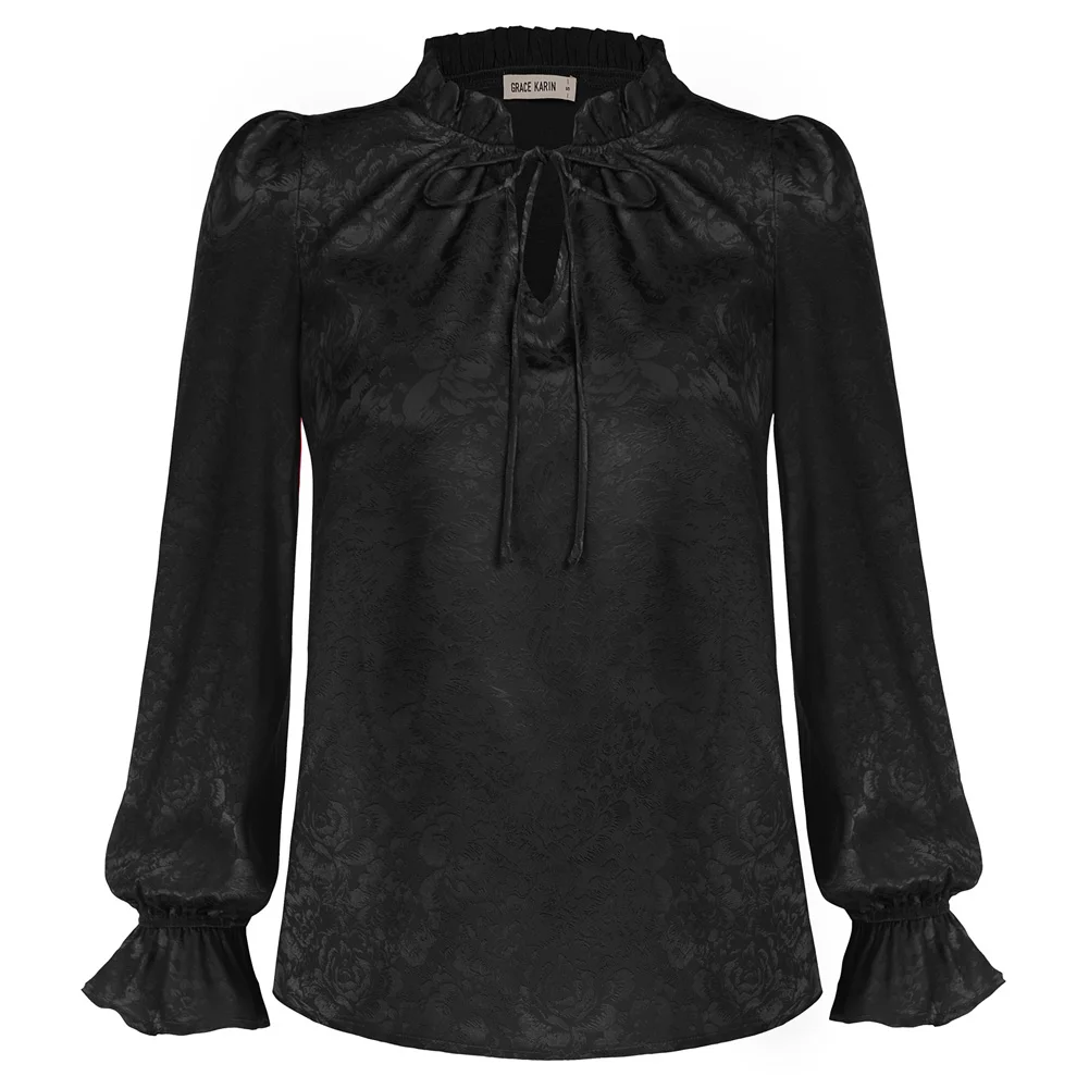 GRACE KARIN Women Ruffled Stand Collar Blouse Long Sleeve V-Neck Pullover Tops Office Lady Mock Neck Casual Work Shirt A30