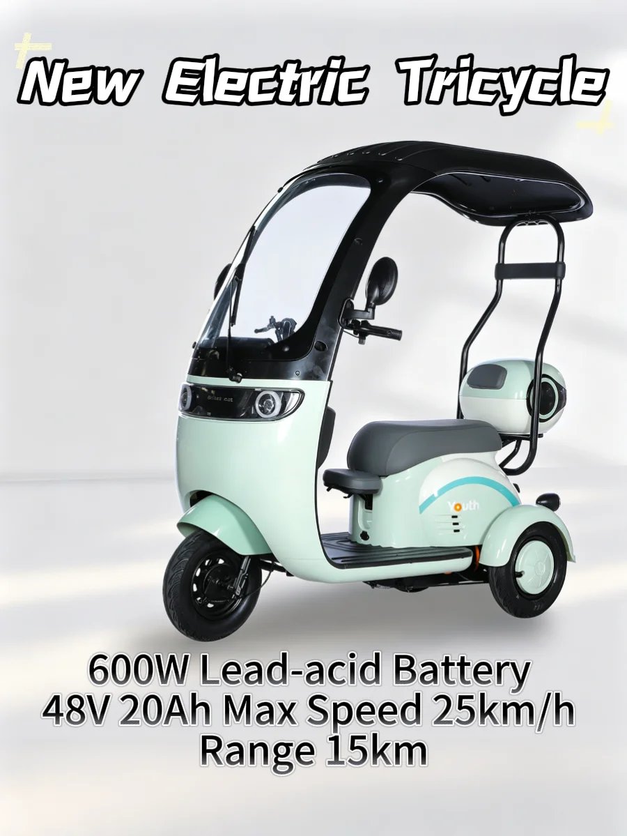 New Electric Tricycle 600W 48V 12Ah Lead-acid Battery Max Speed 25km/h 15km Range Small Household Scooter With Roof