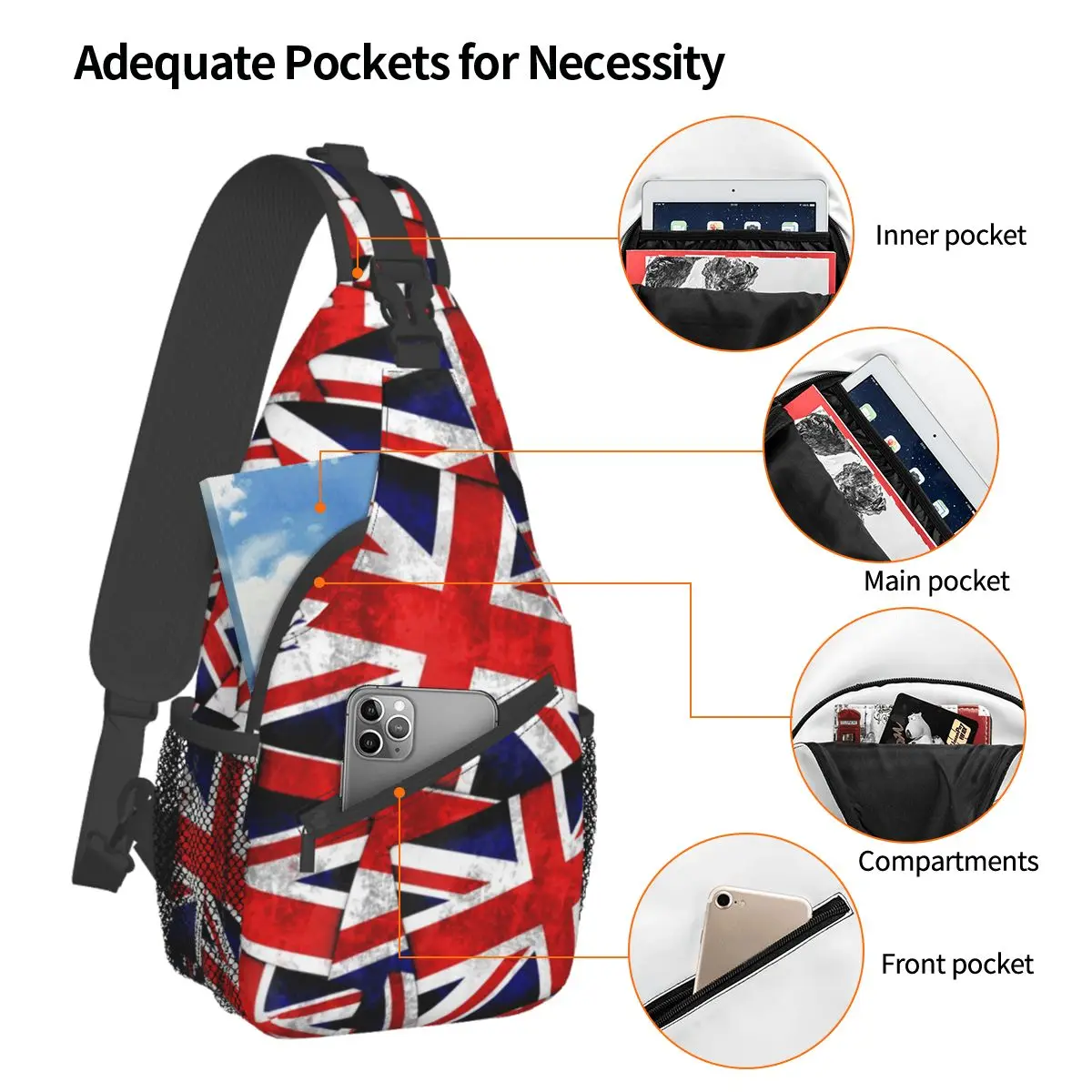 Inglaterra britânica Reino Unido bandeira Sling Bag peito Crossbody ombro Sling mochila caminhadas ao ar livre Daypacks impressão vermelha Vintage padrão sacos