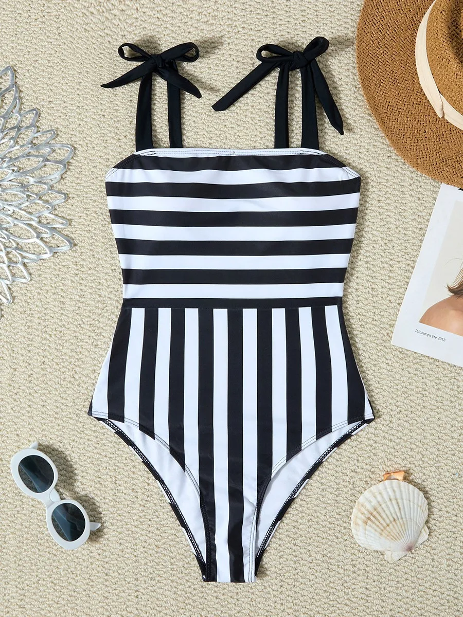 

2026 Striped Tie Bandeau Backless One Piece Swimsuit Women Bodycon Push Up Tummy Control Premium Sexy Swimwear Beach Vacation Su