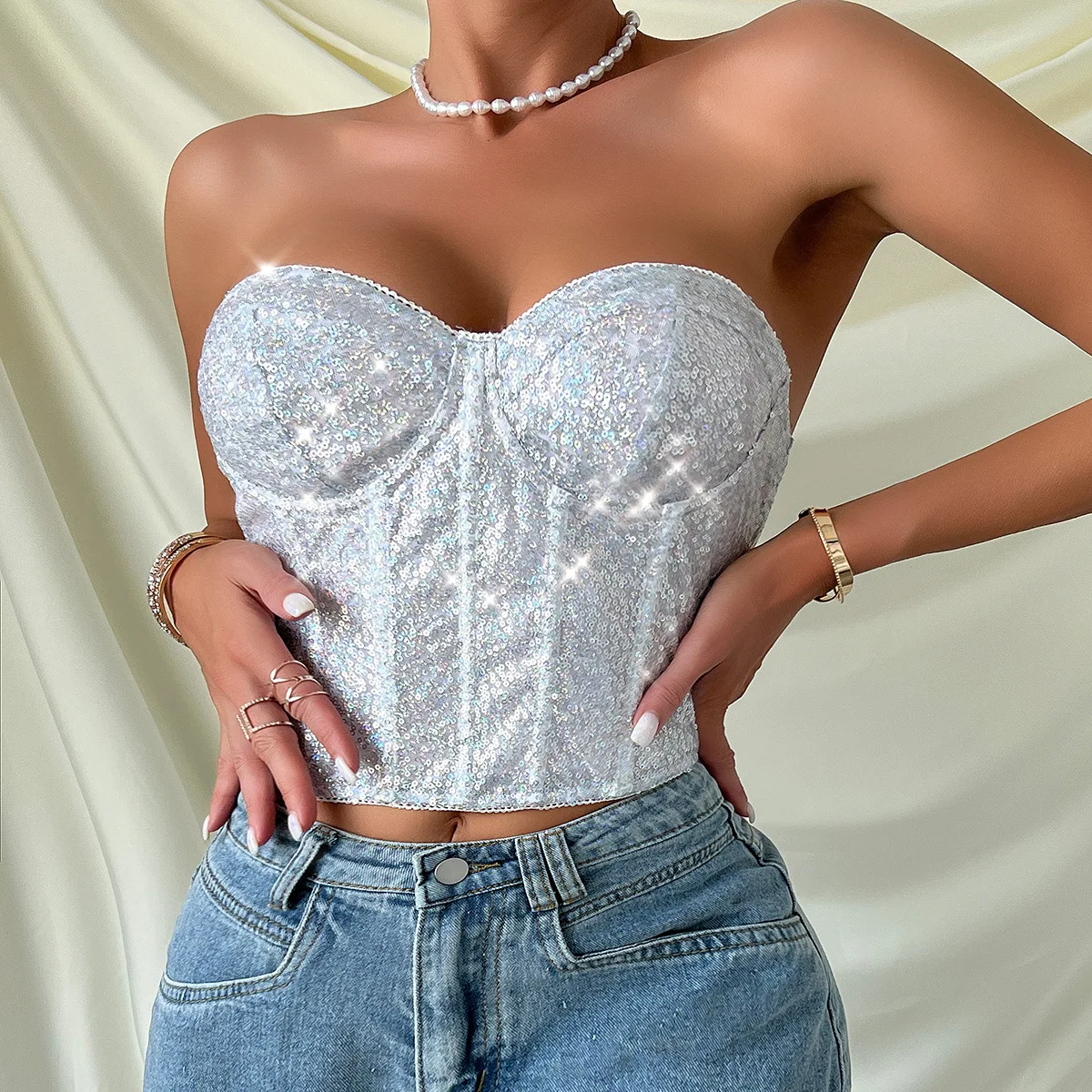 Street Style Heavy Duty Zipper Sequin Wrap Chest Nightclub Fashion Top Women's Cotton Nylon Short Length Inner Wear M60537