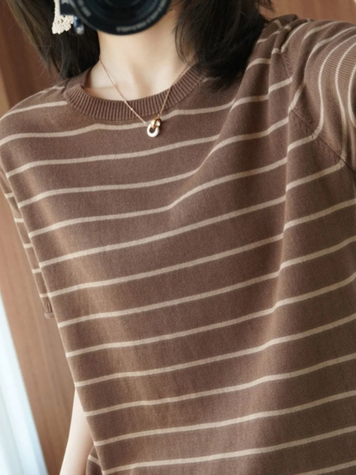 ルーズニット韓国風レディースtシャツカジュアルラウンドネック半袖ストライプファッショナブルトップトレンディネクタイシャツ