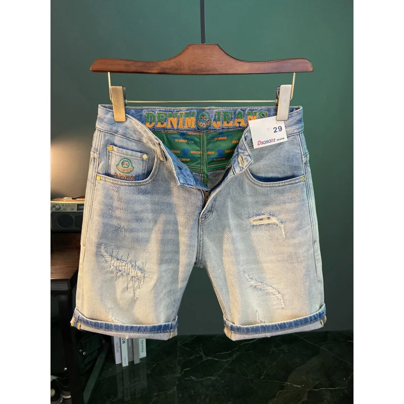 

Ripped denim shorts for men, summer thin, fashionable, casual, handsome, washed light blue slim fit mid length pants