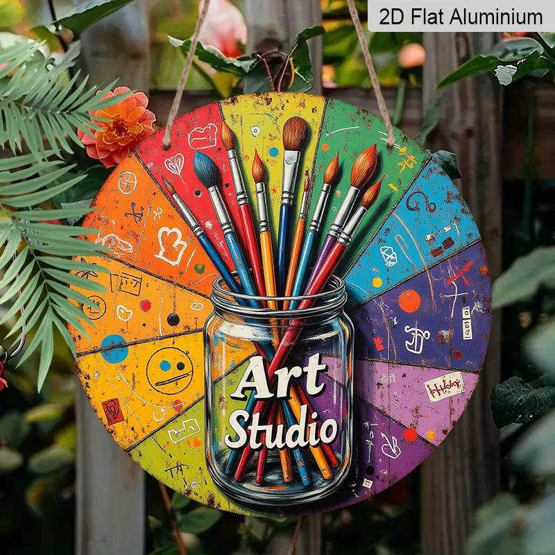 2D Flat, Vintage Art Studio Wall Sign - Round Palette & Brushes Design - Colorful Retro 2D Flat Metal Art for Artist Studio