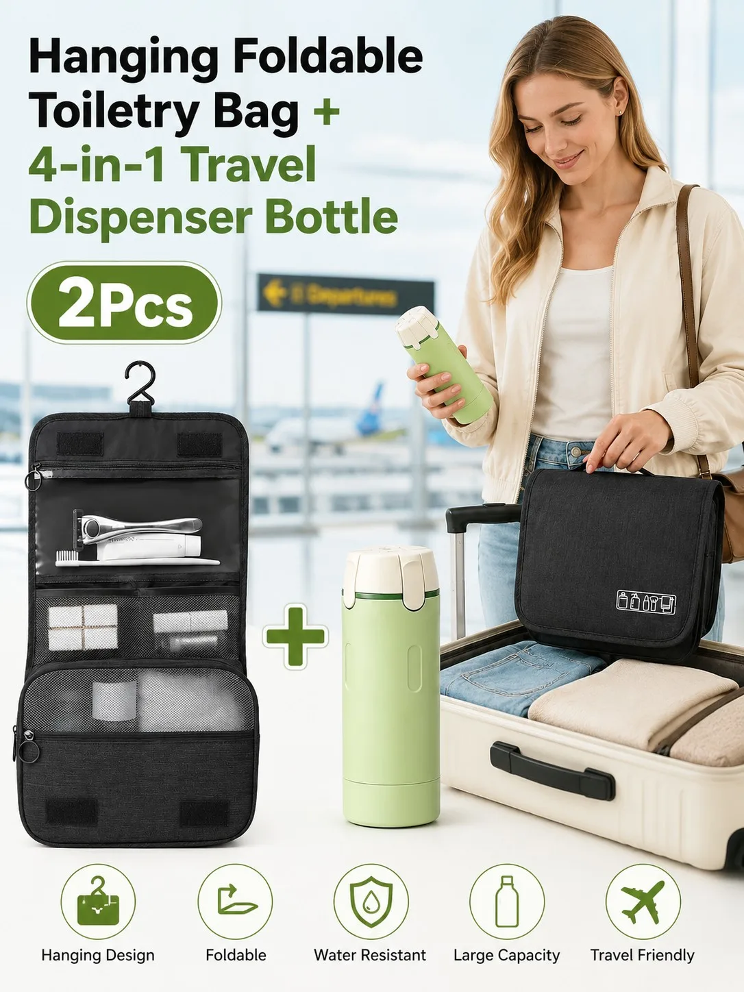 Travel Toiletry Bag Hanging Foldable Organizer with 4-in-1 Dispenser Bottle, Portable Leakproof Refillable Cosmetic Container, L