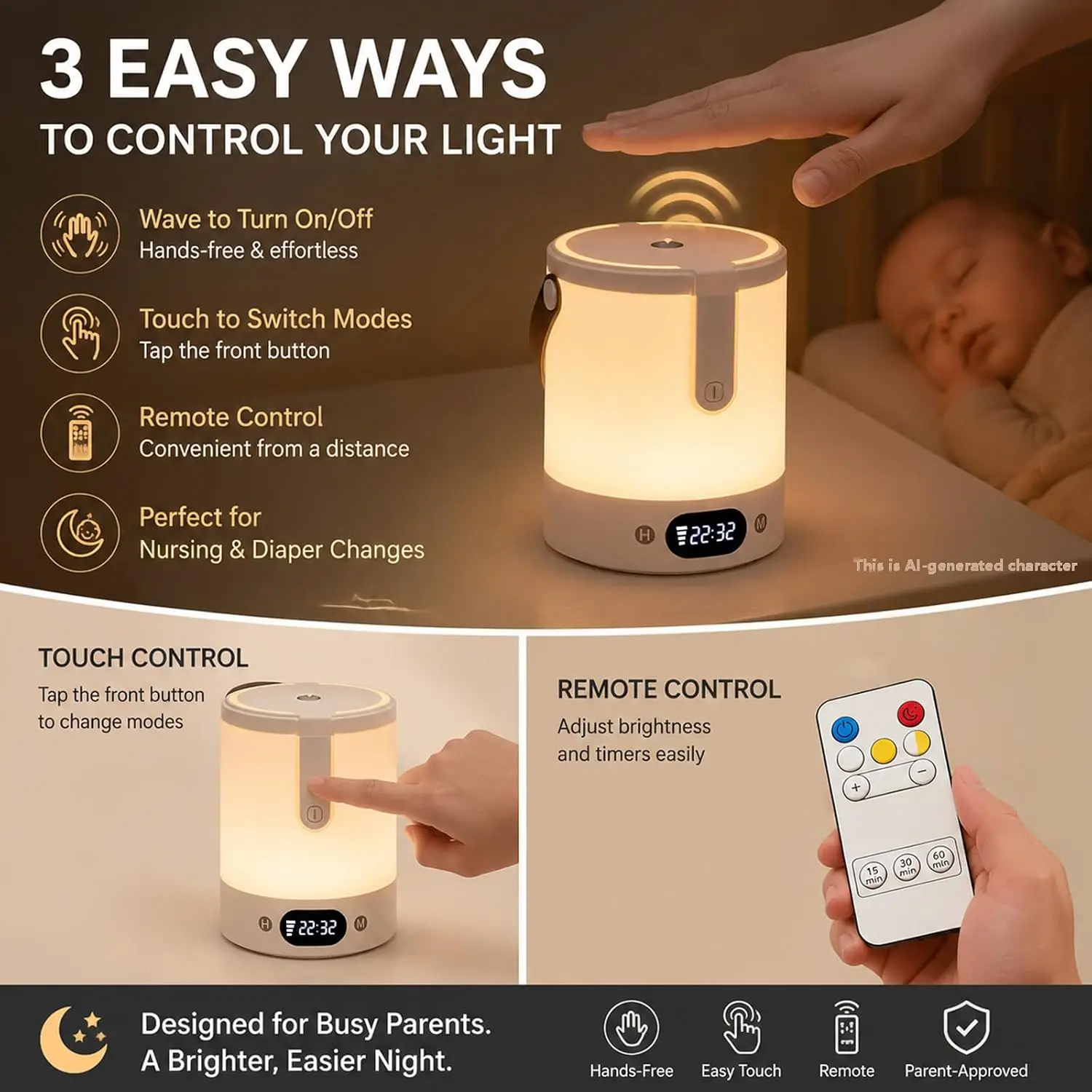 3 Color Touch Control Light Wireless Portable Night Light Portable Night Light Gesture Sensing Light for Bedroom Camping