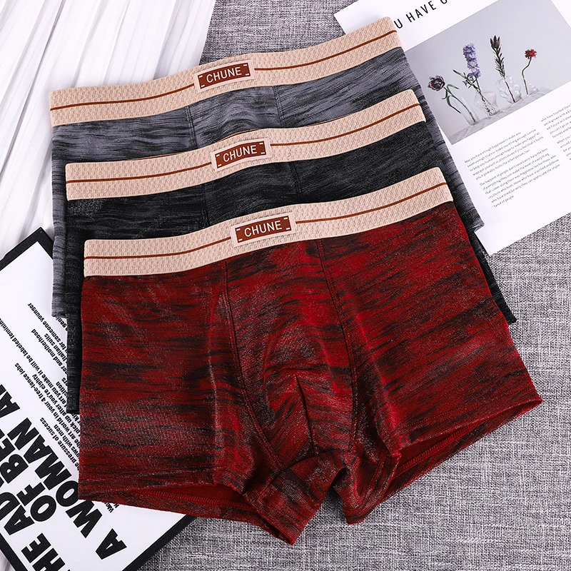 

3-pack men's boxer briefs, youth sports shorts, breathable ice silk striped underwear, stylish men's underpants