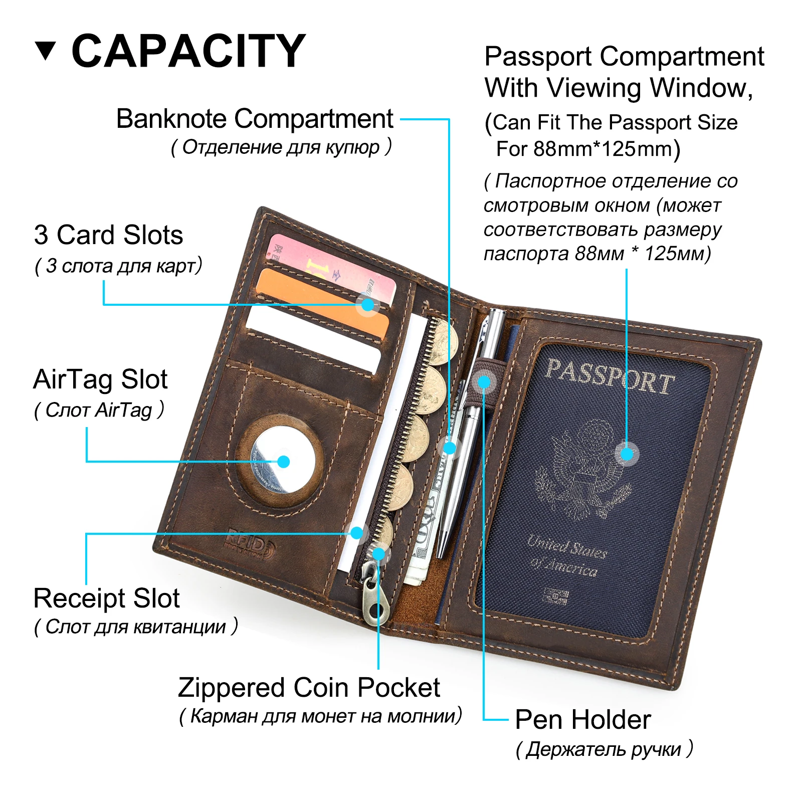 Genuine Cow Leather Passport Holder, Carteira de viagem com Airtag Case, Bolso anti-perdido, Pen Card Holder, RFID Blocking Passport Cover