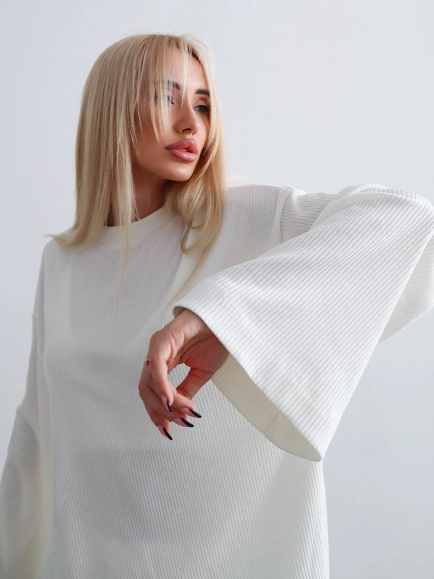 Marthaqiqi Autumn Causal Ladies Home Clothes O-Neck Sleepwear Long Sleeve Nightwear Wide Leg Pants Loose Nightgowns 2 Piece Set