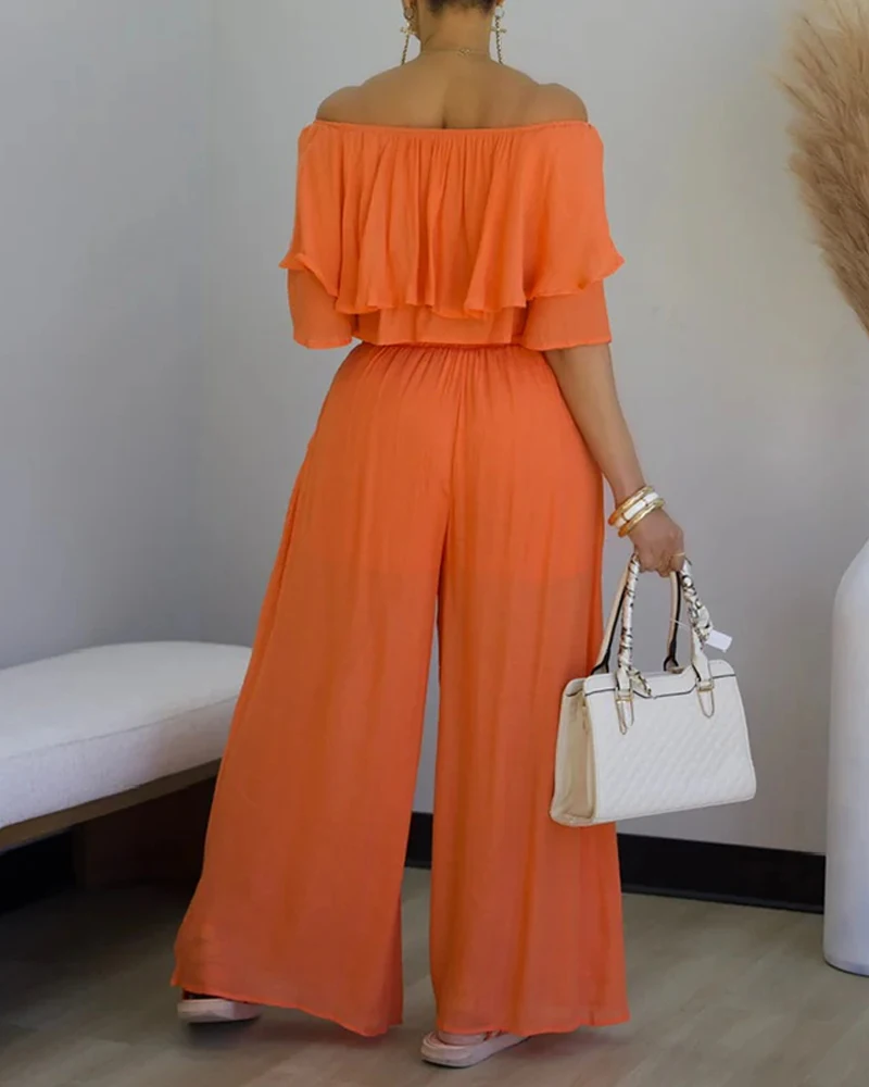 

2 Pieces Outfit Off Shoulder Ruffles Crop Top and Casual High Waist Wide Leg Pants Set