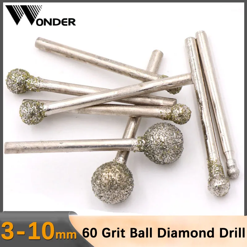 3-10mm 60Grit Ball Diamond Nail Drill Bit Grinding Head Metal Machine Grind Needle Cutter Jade Carved Rotary Spherical Burr Tool