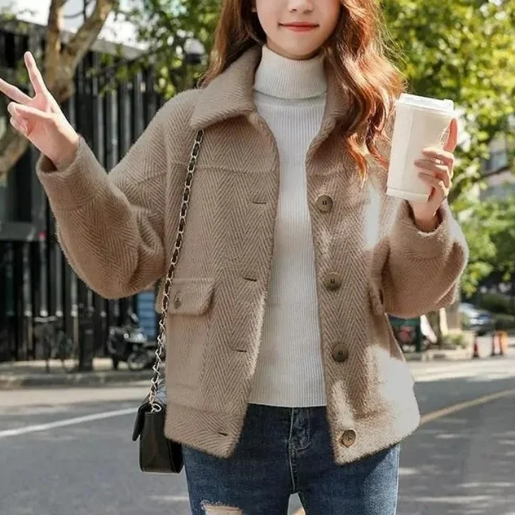 2025 Otoño Invierno nueva Faionable suéter de terciopelo de visón tejido Thiened Fce forrado prendas de vestir exteriores sueltas para mujeres