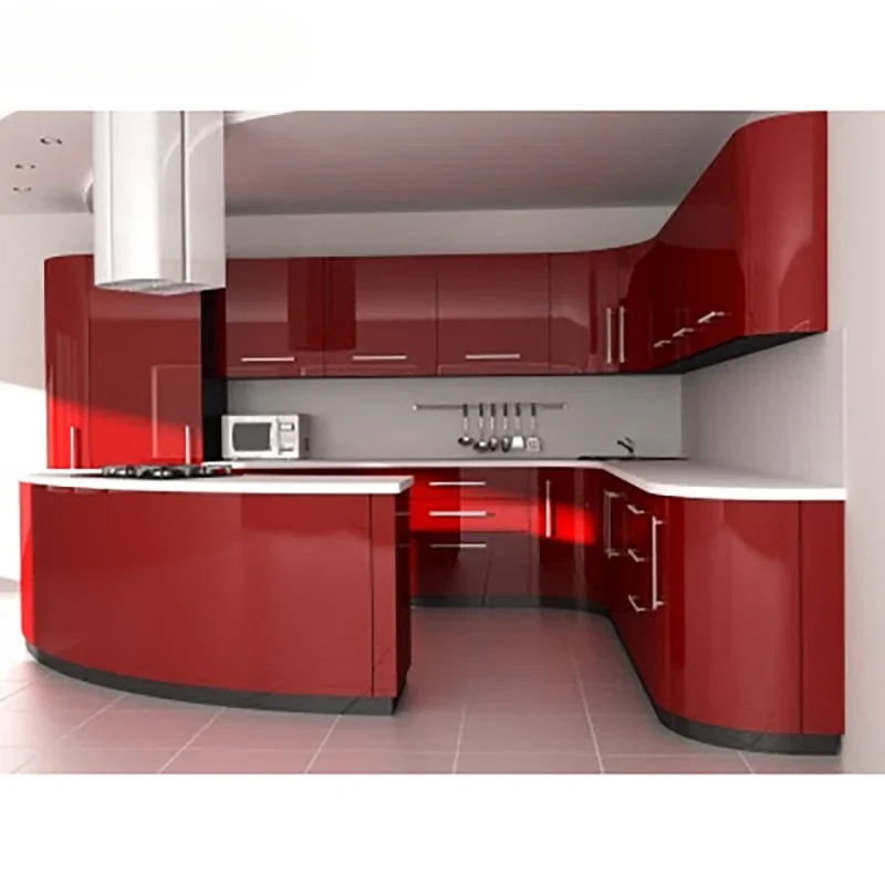 Contemporary curved shapes ready to assemble lacquerware kitchen cabinets with islands