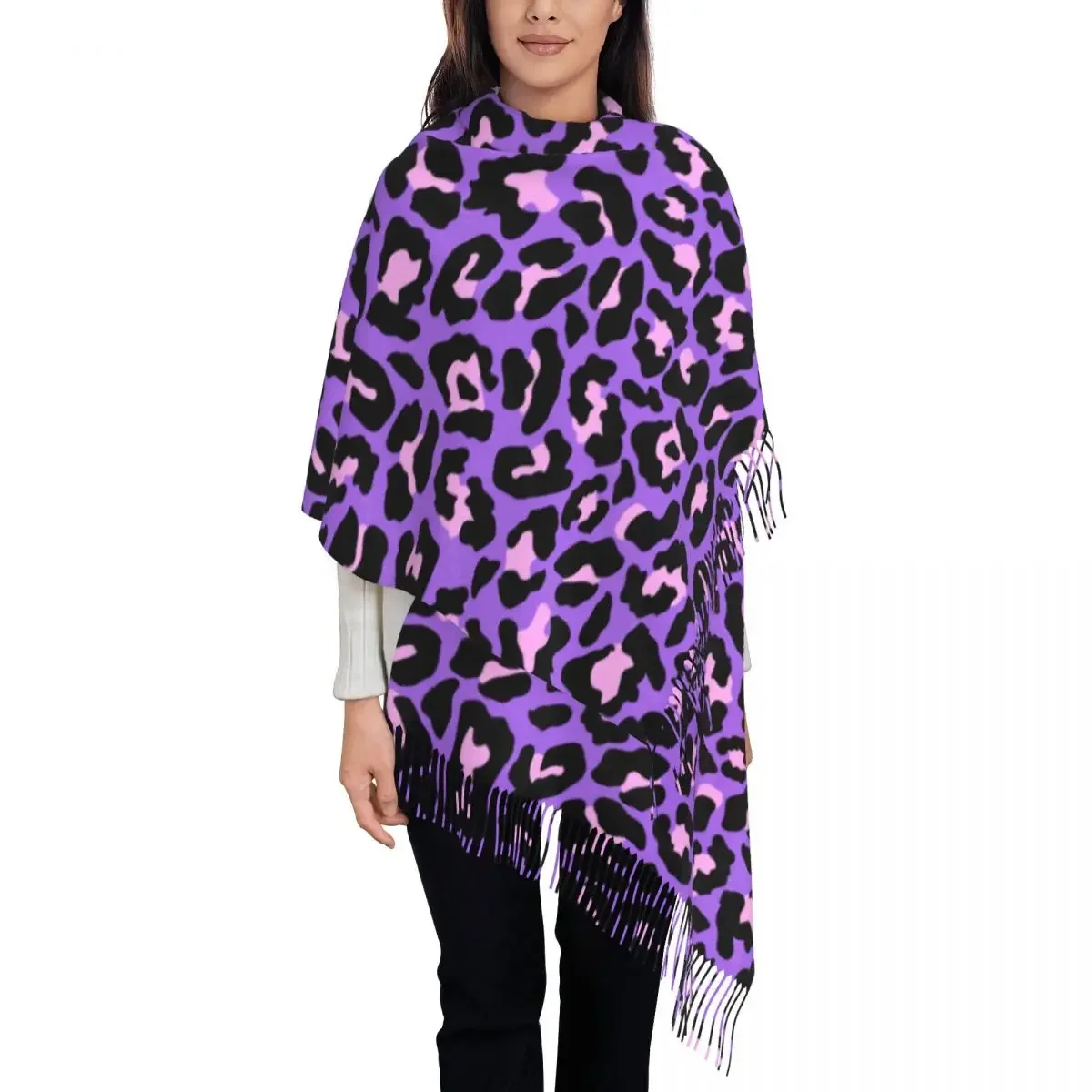 Neon And Pink Leopard Seamless Pattern Scarf Wrap for Women Long Winter Fall Warm Tassel Shawl Animal Cheetah Scarves