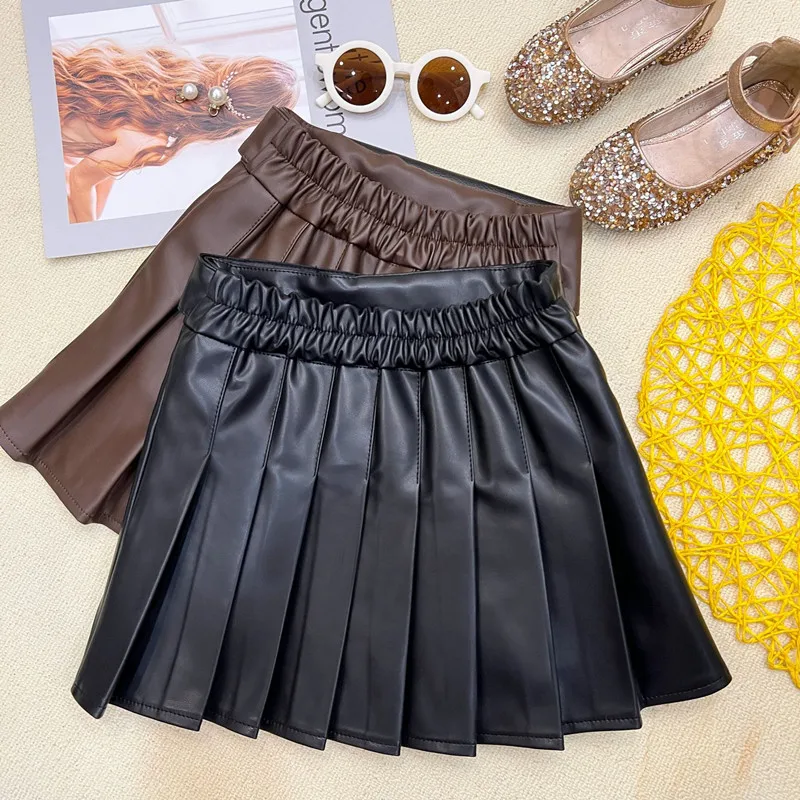 2024 Spring Autumn Toddler Dress Fashion Kids Girl Brown/Black Faux Leather Skirts High Quality Pleated PU Skirt For 2-8 Years