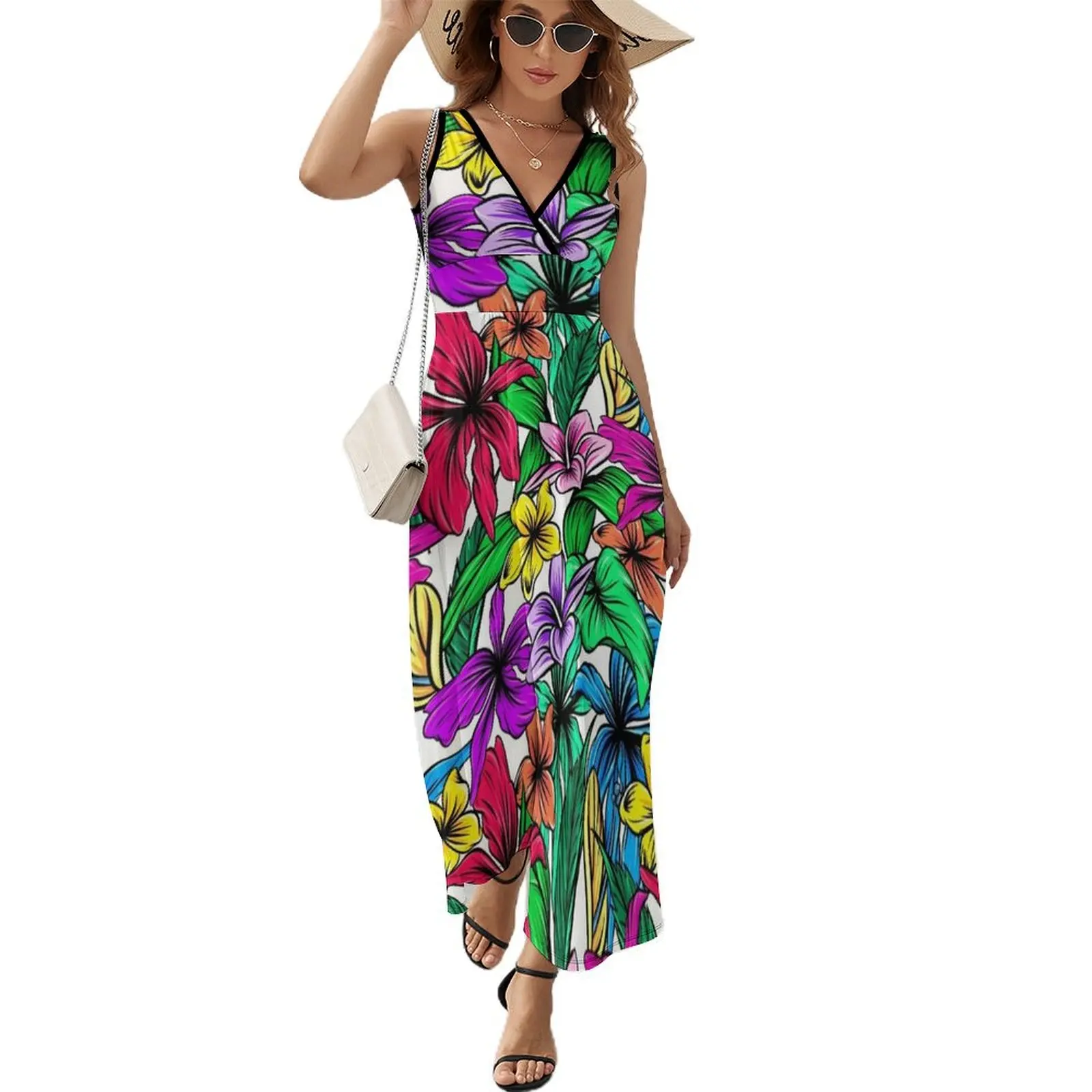 

Vibrant Tropical Hibiscus Floral Pattern Sleeveless Dress Woman clothes summer woman dress 2024