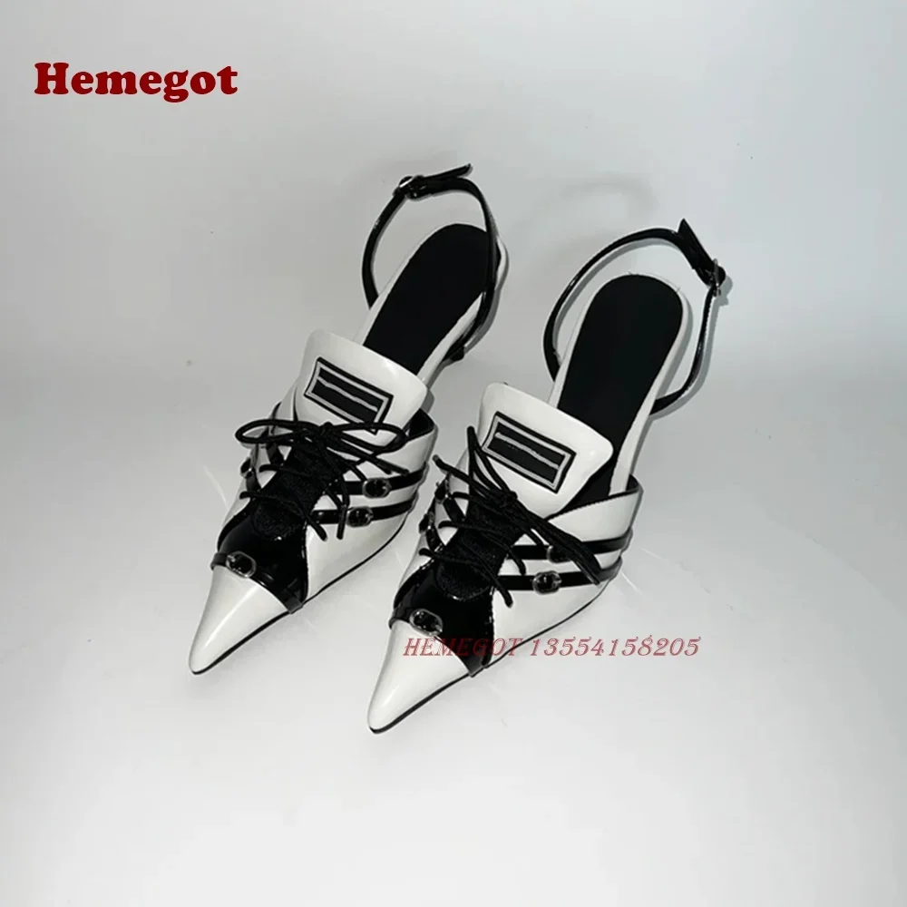 Red White Lace-Up Slingback Pumps Pointed Toe Thin Heel Buckle Women\'s Sandals 2024 Patchwork Mixed Color Party Shoes Luxury