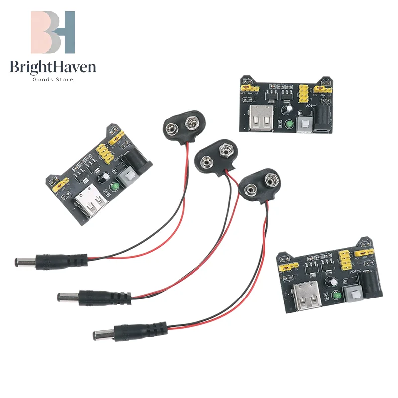 

MB102 Solderless Breadboard Power Supply Module 3.3V 5V With 9V Battery Clip Power Cable 2.1x 5.5mm Male DC Jack Plug B.H