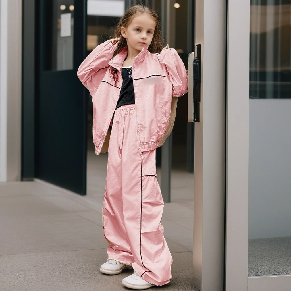 

Girls Autumn Casual Set Trendy Stand Collar Zip-Up Jacket Wide-Leg Pants Loose Sporty Outfit for Teens School Children Tracksuit