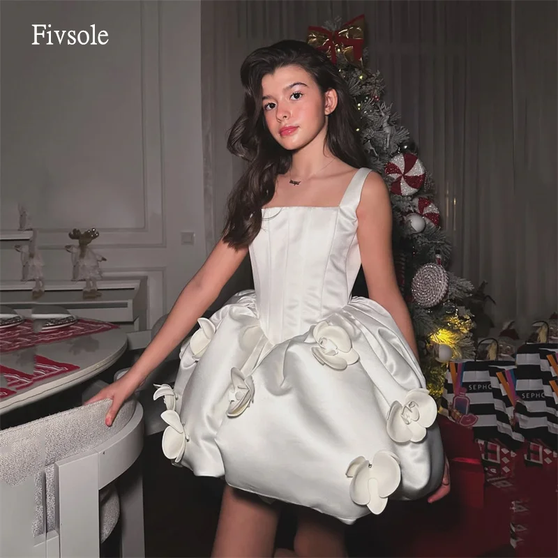 

Fivsole Trendy Ivory Square Neck Ball Prom Gowns Backless 3D Flowers Party Gown Mini Evening Dress vestidos de gala Customized