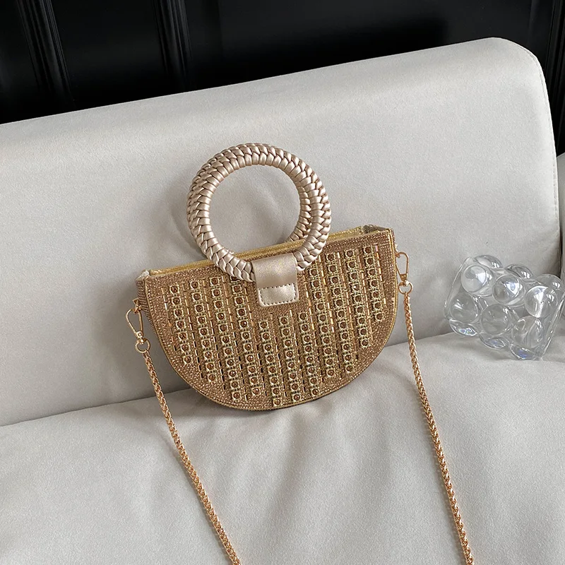 

Rhinestone Evening Clutch Bag Sparkly Crystal Handbag with Braided Round Top Handle Gold Chain Crossbody Purse for Party Wedding