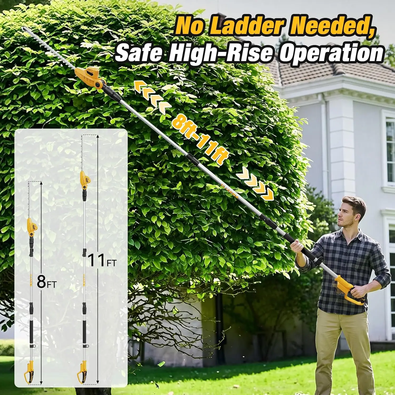 Cordless Pole Hedge Trimmer Compatible with 20V Batteries, 16-Inch Dual-Action Blade, 135-Degree Adjustable Head, Extension Pole, 16 FT Reach, Battery Not Included